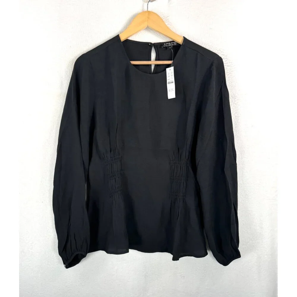 J.Crew Shirred-waist top in‎ viscose crepe black sz 10 preppy